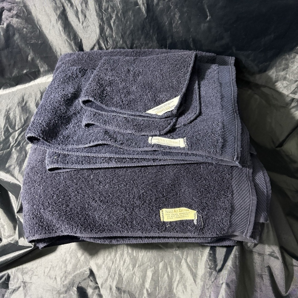 Vtg Sears Navy Blue Cotton Towel Set 3pc  MCM Retro Bath Hand Washcloth USA